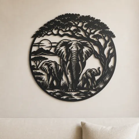 Elephant Tree Circle Metal Wall Art | Wildlife Silhouette Decor
