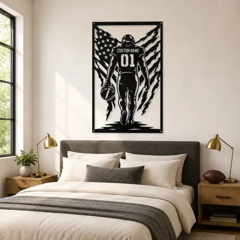 Vue alternative de Décoration murale en métal personnalisée avec joueur de football numéro 01 et le drapeau américain