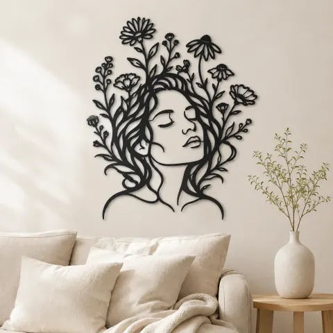 Wildflower Face Metal Wall Art | Minimalist Woman Line Art