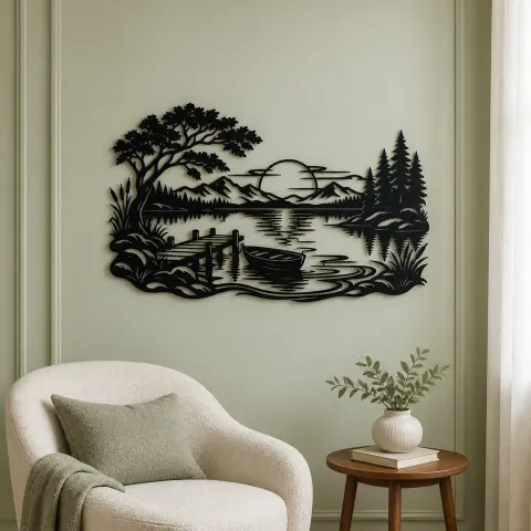 Vue alternative de Calm Lake Ripples Metal Wall Art | Nature Silhouette Decor