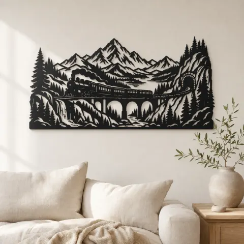 Train through Mountains Metal Wall Art | Travel and City Wall Decor