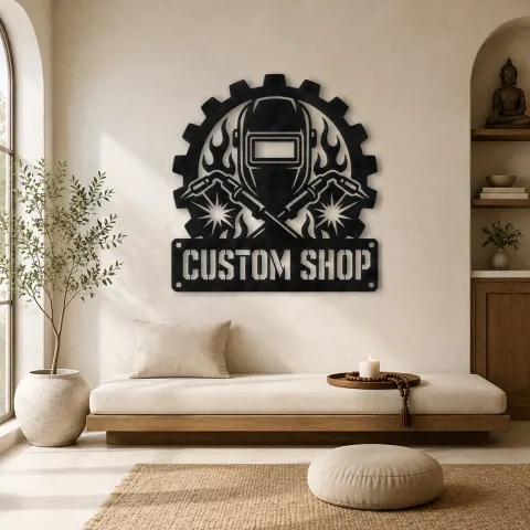 Vue alternative de Décoration murale en métal personnalisée de casque de soudeur avec des torches croisées