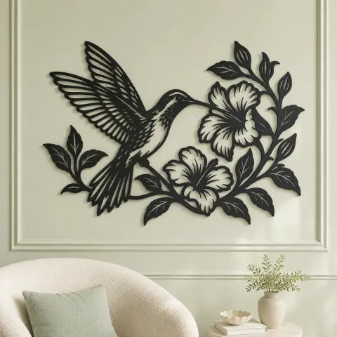 Vue alternative de Hummingbird Blossom Metal Wall Art | Wildlife Silhouette Decor