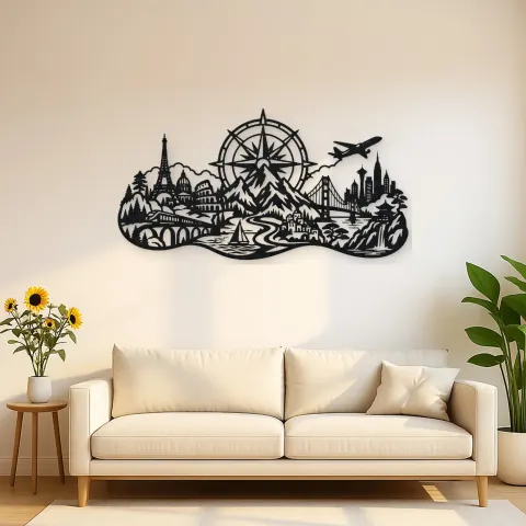 Compass Mountain Flow Metal Wall Art | Nature Silhouette Decor