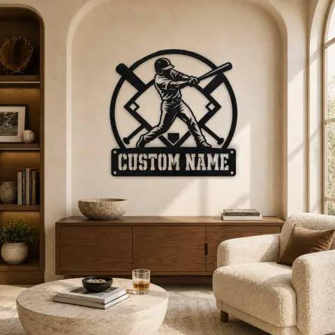 Vue alternative de Décoration murale en métal personnalisée de batteur de baseball avec des battes croisées