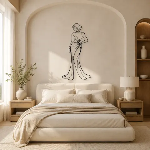 Vue alternative de Décoration murale en métal "Pose en robe satin" | Décor mural figure de mode