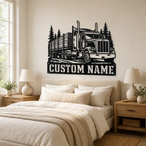 Vue alternative de Décoration murale en métal personnalisée de camion semi à plateau forestier