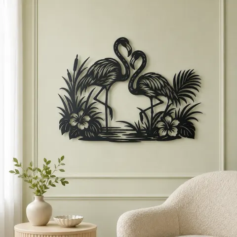 Vue alternative de Flamingo Pair Metal Wall Art | Wildlife Silhouette Decor