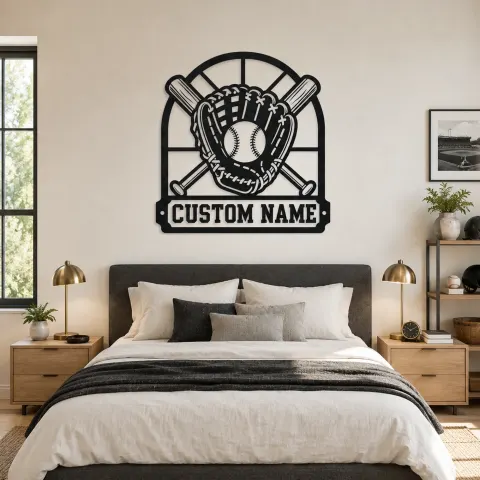 Vue alternative de Décoration murale en métal personnalisée - Gant de baseball balle et crosses de bâtons