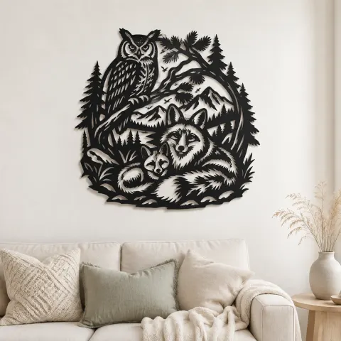 Owl and Fox Forest Metal Wall Art | Wildlife Silhouette Decor
