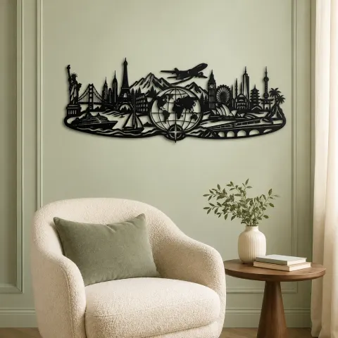 Vue alternative de World Map Travel Line Metal Wall Art | Travel and City Wall Decor