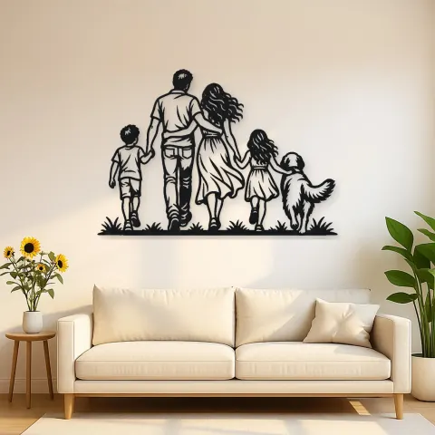 Family with Dog Metal Wall Art | Pet Lover Silhouette Decor