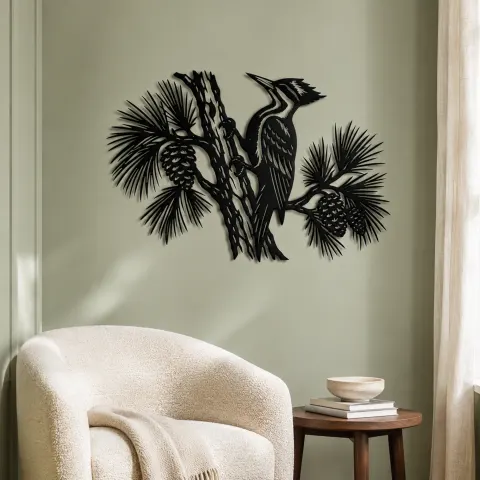 Vue alternative de Woodpecker Pine Metal Wall Art | Wildlife Silhouette Decor