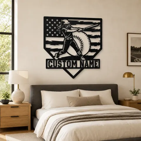 Vue alternative de Décoration murale en métal personnalisée - Batteuse de softball féminine avec drapeau américain