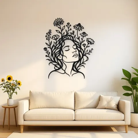 Wildflower Face Metal Wall Art | Minimalist Woman Line Art