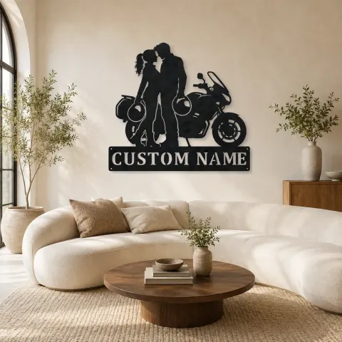 Décoration murale en métal personnalisée Couple avec Casque et Moto Touring