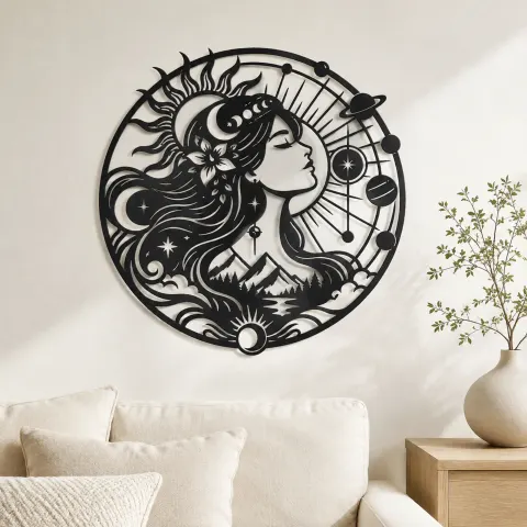 Celestial Woman Profile Metal Wall Art | Minimalist Woman Line Art