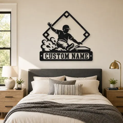 Vue alternative de Décoration murale en métal personnalisée - Joueur de baseball glissant vers la maison