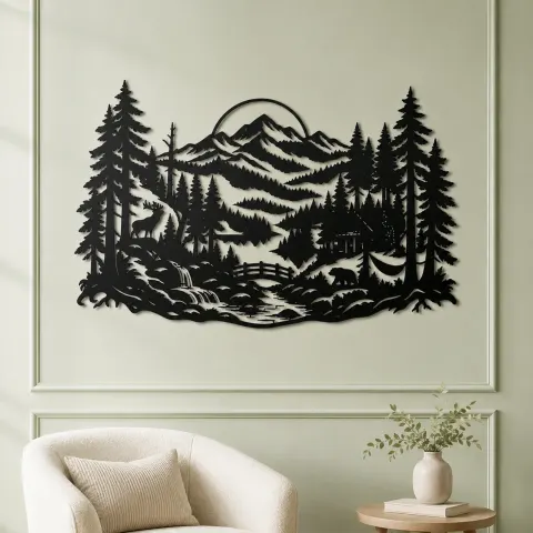 Vue alternative de Misty Woodland Layers Metal Wall Art | Nature Silhouette Decor