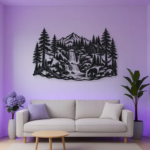 Vista alternativa de Forest Waterfall Metal Wall Art | Nature Silhouette Decor