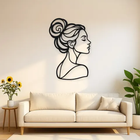 Hair Bun Profile Metal Wall Art | Minimalist Woman Line Art