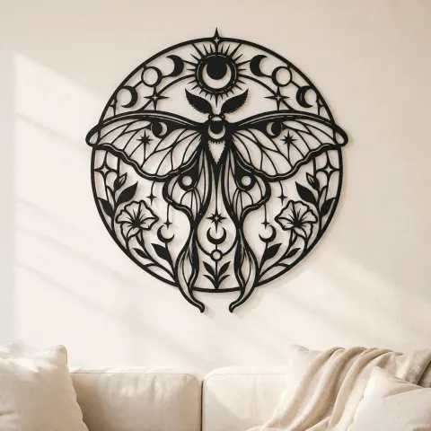 Lunar Moth Emblem Metal Wall Art | Celestial Boho Wall Decor