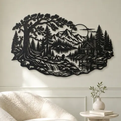 Vue alternative de Forest Cabin Retreat Metal Wall Art | Nature Silhouette Decor