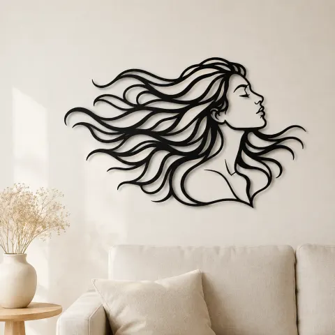 Windblown Hair Face Metal Wall Art | Minimalist Woman Line Art