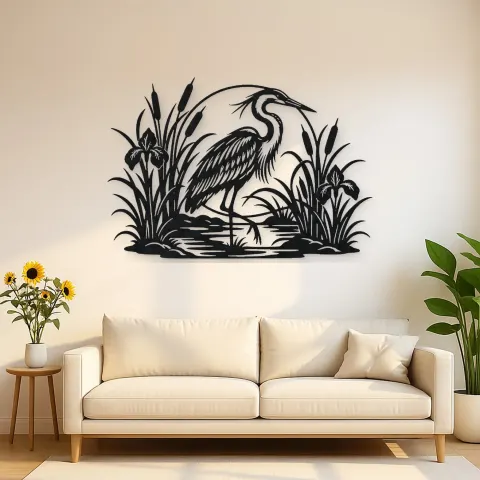Heron Reed Garden Metal Wall Art | Wildlife Silhouette Decor