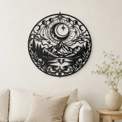 Moon over Mountains Metal Wall Art | Celestial Boho Wall Decor