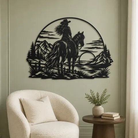 Vue alternative de Western Rider Sunset Metal Wall Art | Equestrian Wall Decor