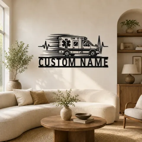 Décoration murale en métal personnalisée d'ambulance vue de côté avec battement cardiaque