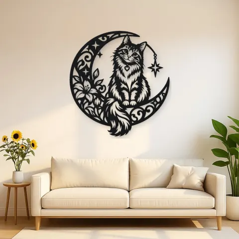 Cat on Moon Arc Metal Wall Art | Pet Lover Silhouette Decor