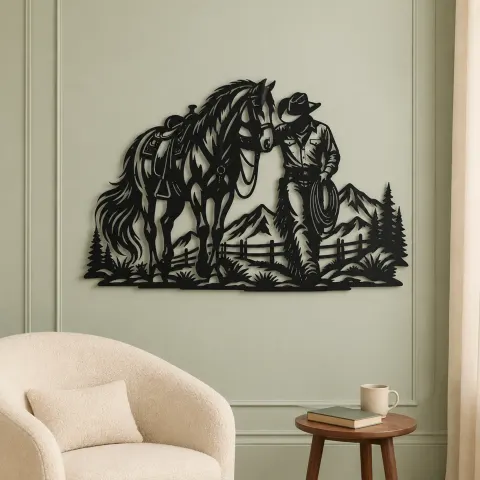 Vue alternative de Cowboy and Horse Metal Wall Art | Equestrian Wall Decor