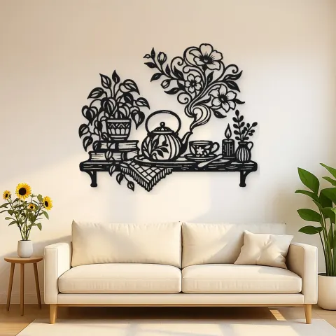 Teapot Floral Steam Metal Wall Art | Botanical Metal Wall Decor
