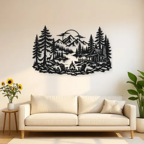 Campfire in the Pines Metal Wall Art | Nature Silhouette Decor