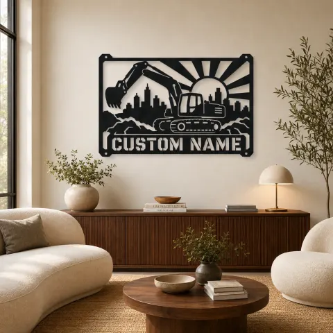 Décoration murale en métal personnalisée d'excavatrice avec skyline de construction