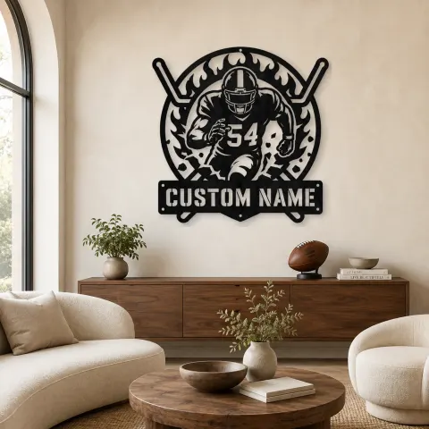 Décoration murale en métal personnalisée avec joueur de football numéro 54 et flammes