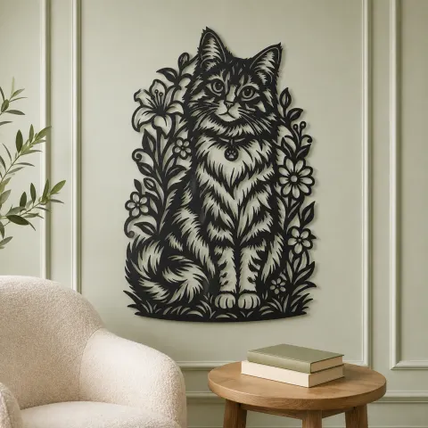 Vue alternative de Sitting Cat Floral Metal Wall Art | Pet Lover Silhouette Decor