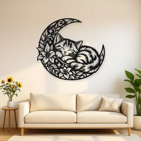 Sleeping Cat Crescent Metal Wall Art | Pet Lover Silhouette Decor