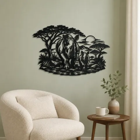 Vue alternative de Rhino Savanna Metal Wall Art | Wildlife Silhouette Decor