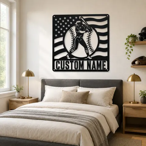 Vue alternative de Décoration murale en métal personnalisée de batteuse de softball en posture prête avec drapeau