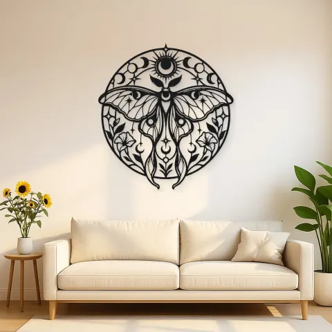 Lunar Moth Emblem Metal Wall Art | Celestial Boho Wall Decor