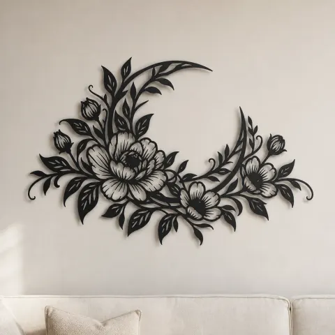 Floral Moon Arc Metal Wall Art | Botanical Metal Wall Decor