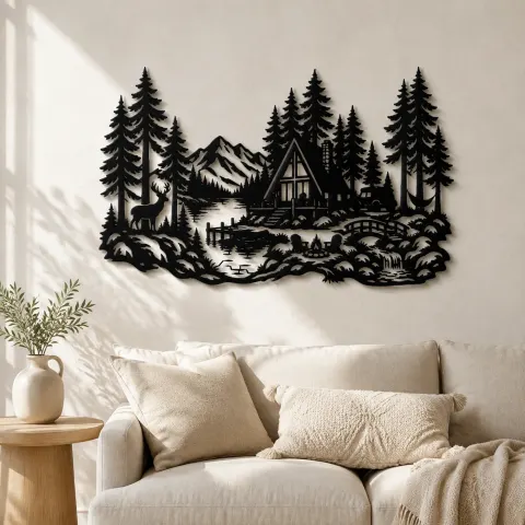 A-Frame Cabin Woods Metal Wall Art | Nature Silhouette Decor