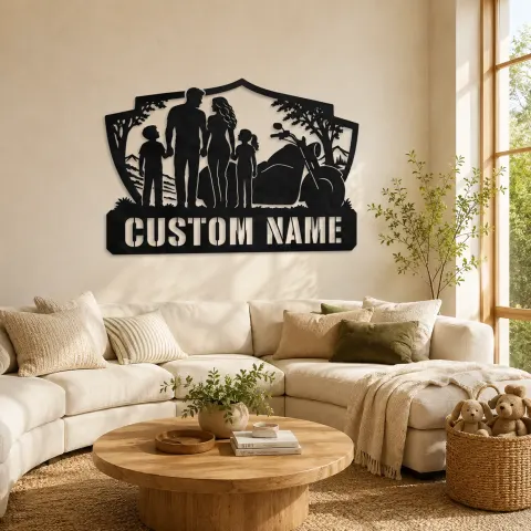 Cartel de metal personalizado de familia de cuatro con moto en paisaje