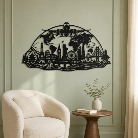 Vue alternative de Airplane World Arc Metal Wall Art | Travel and City Wall Decor