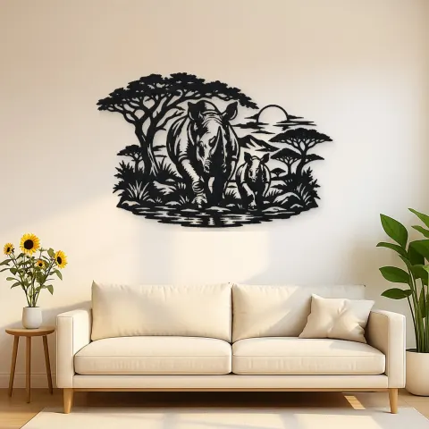 Rhino Savanna Metal Wall Art | Wildlife Silhouette Decor
