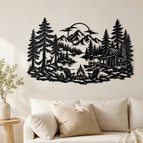Campfire in the Pines Metal Wall Art | Nature Silhouette Decor