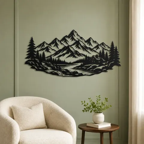 Vue alternative de Cabin below the Peaks Metal Wall Art | Nature Silhouette Decor